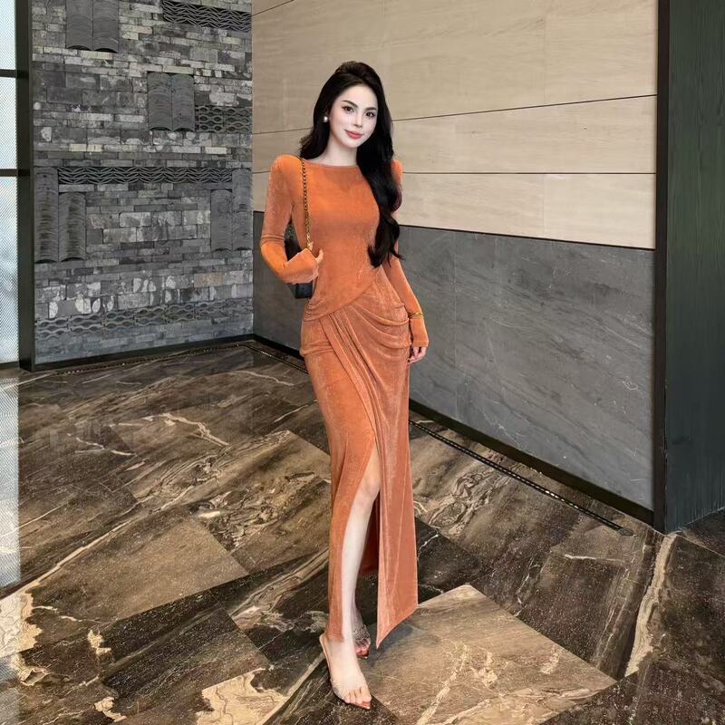 Early Autumn New Style French Old Money Style Glossy Waist-Slimming Long-Sleeved Dress Early Autumn New Style French Old Money Style Glossy Waist-Slimming Long-Sleeved Dress