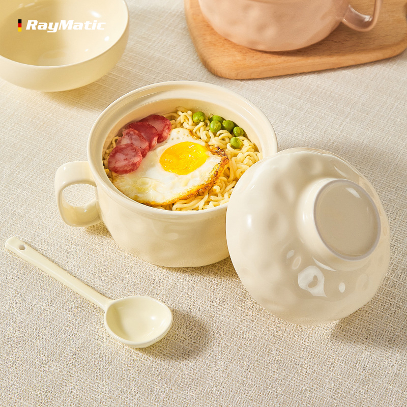 Cream-Colored Ceramic Instant Noodle Bowl with Lid and Spoon, Personal Use, Large Soup Bowl with Handle, Chopsticks Set