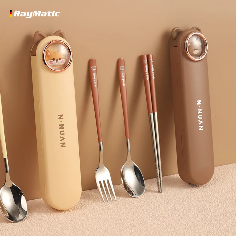Portable Chopsticks and Spoon Set Storage Box Cute Cartoon Stainless Steel Three-Piece Cutlery Set for Students and Children for One Person Use