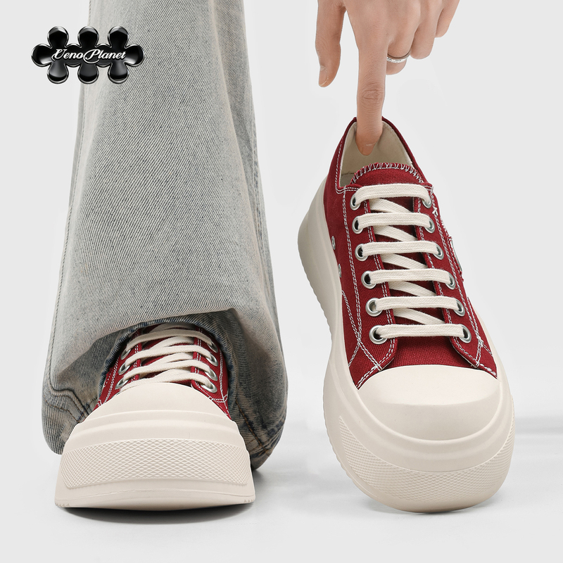 Uenoplanet Burgundy Thick-Soled Canvas Shoes for Women 2026 New Style Height-Increasing Versatile Sneakers Trendy