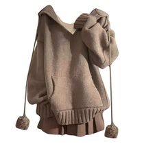 Plus size fat girl lazy retro V-neck hooded knitted sweater womens autumn and winter loose slimming soft waxy pullover top