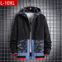 Work jacket mens spring and autumn winter clothes plus fat large size loose fat hooded jacket mens Korean trend casual top