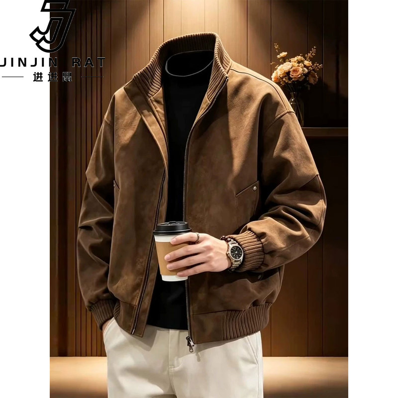 Brown American-Style Stand-Collar Flight Jacket for Men, New Autumn Model, High-End Versatile Outerwear, Trendy Brand, Cool and Stylish Top
