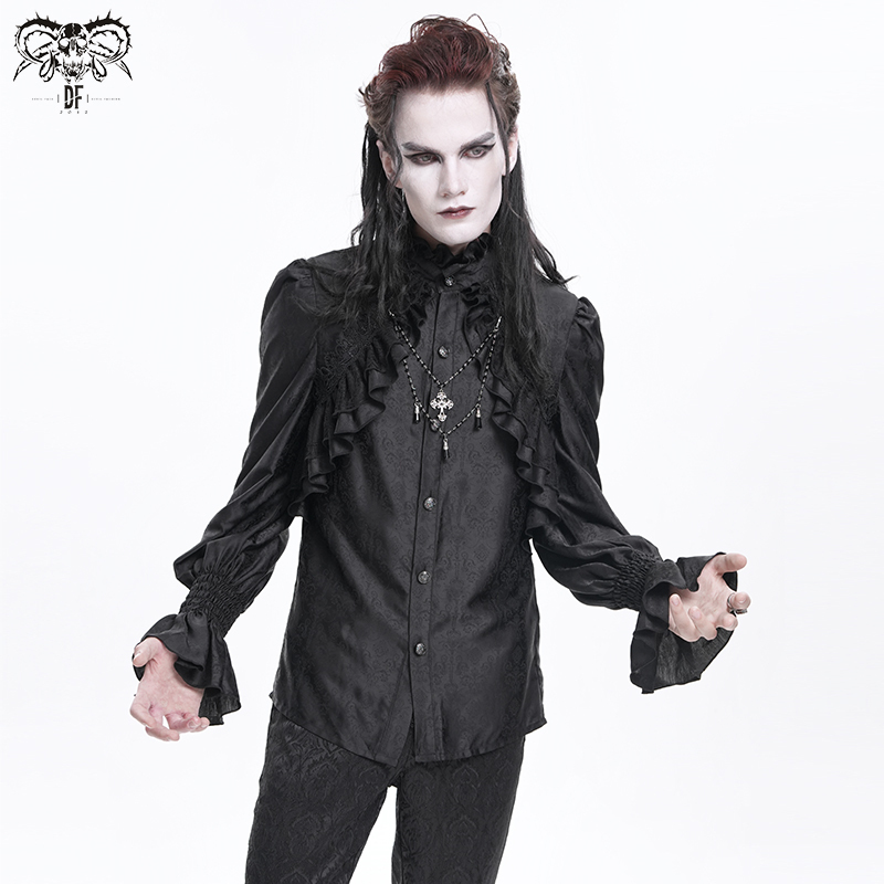 Devil Fashion Dark Gothic Long-Sleeved High-Neck Lace Shirt for Men Sht12401/02