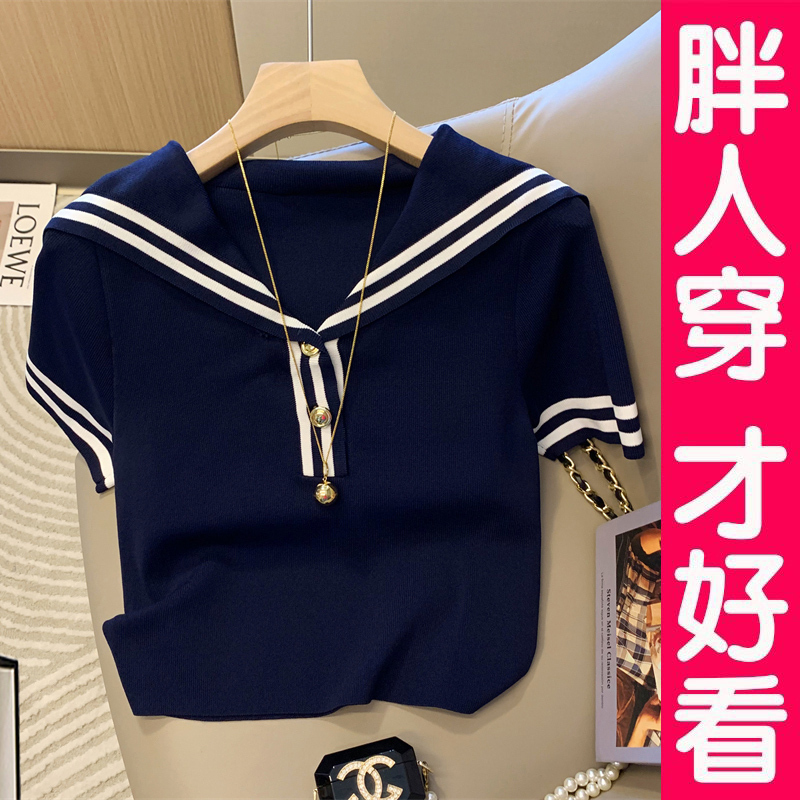 Summer Thin Plus-Size Navy Collar Striped Ice Silk Short-Sleeve Knit Top Women's T-Shirt Loose Slimming Plus-Size Trendy Top