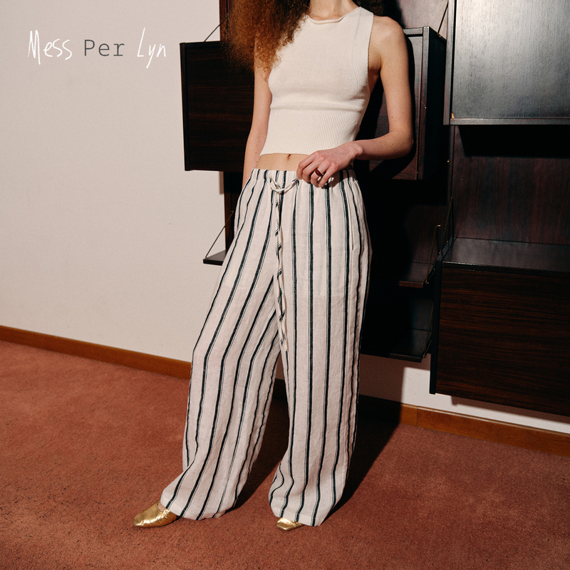 Mess Per Lyn Afternoon in the Sun Linen Striped Pants Loose, Breathable, Lightweight Wide-Leg Pants