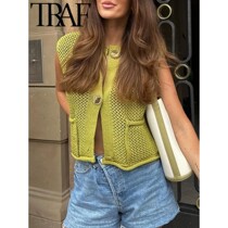 TRAF Chunky Knitted Women Waistcoat 2024 Autumn Sleeveless
