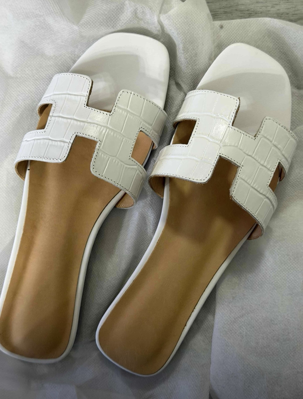 Ahu Handmade Shoes ~ Square Toe H-Shaped Flat Sole Genuine Leather Slippers Casual Slide Sandals