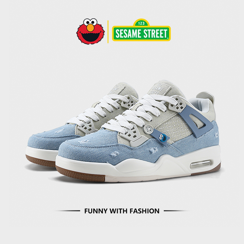 Sesame Street Co-Branded Shoes for Men, Breathable Cushioning, Jordan 4 Sports Sneakers, Autumn and Winter Couple's Thick-Soled Wear-Resistant Casual Shoes for Men