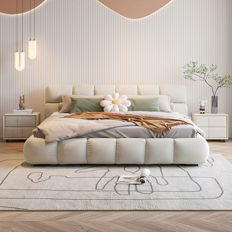 Cream-Style Tech Fabric Bed, Trendy Puff Bed, Modern Minimalist 1.8m Double Bed for Master Bedroom, Large Bed with Storage, Wedding Bed Cream-Style Tech Fabric Bed, Trendy Puff Bed, Modern Minimalist 1.8m Double Bed for Master Bedroom, Large Bed with Storage, Wedding Bed