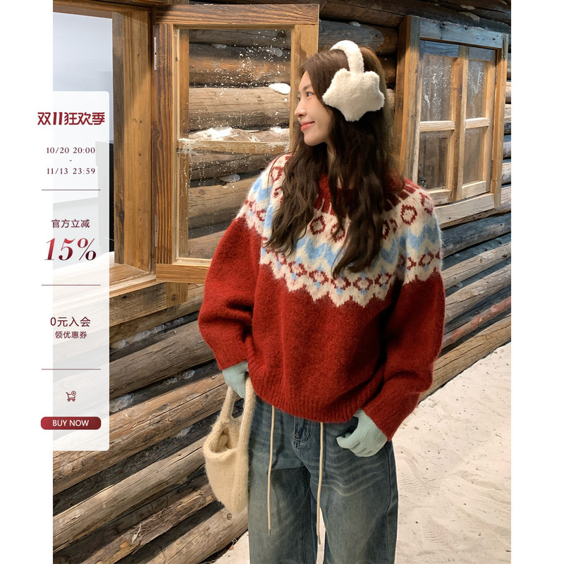 Morning Bloom Fair Isle Christmas Outfit Red Sweater for Women Winter Thickened Inner Knit Top