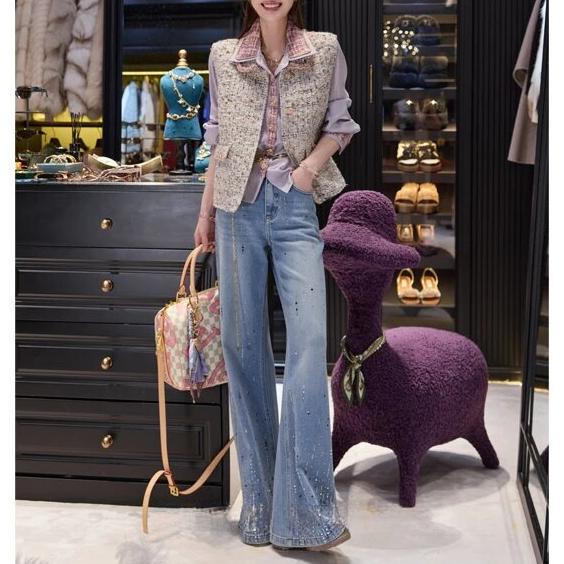 Tuntun Autumn【Green Stone Listening to Rain】Elegant and Radiant Cat Whisker Washed Rhinestone Flared Jeans