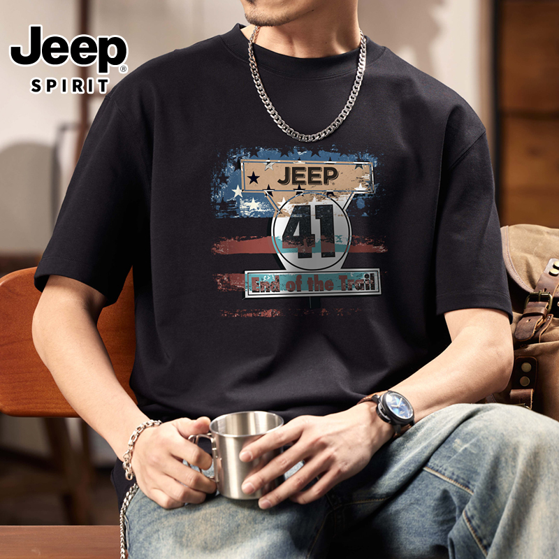 Jeep 270g Heavyweight Pure Cotton Short-Sleeved T-Shirt for Men 2025 Summer New Retro Print Half-Sleeve Black Loose Trendy