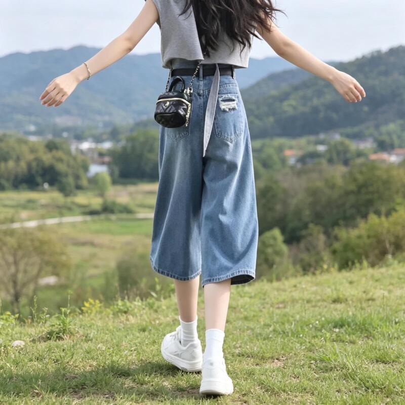 Light Blue Ripped Tencel Denim Capri Pants for Women, Summer Thin Style, Pear-Shaped, American-Style Loose Wide-Leg Straight Mid-Length Pants Light Blue Ripped Tencel Denim Capri Pants for Women, Summer Thin Style, Pear-Shaped, American-Style Loose Wide-Leg Straight Mid-Length Pants