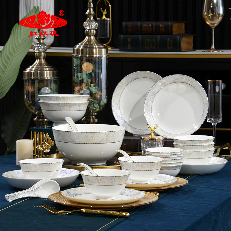 Red Rose Bone China New Housewarming Tangshan Ceramic Bowl Home Floral Secret Realm Tableware Set Light Luxury High-End Feel