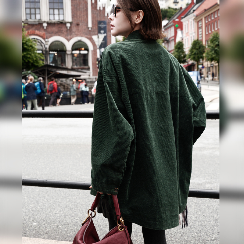 Lazyvision Yarn-Dyed Two-Color Corduroy Jacket for Women Autumn and Winter Silk-Pima Cotton Lapel Jacket 37160