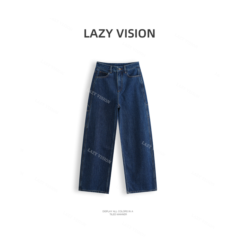 Lazyvision Classic Blue Washed Jeans for Women, Autumn Twill Cotton Casual Straight-Leg Cargo Pants 39729
