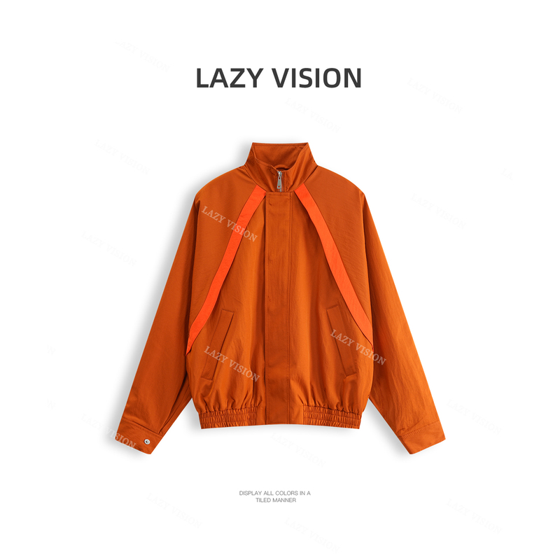 Lazyvision Retro Trendy Sports Style Stand-Up Collar Jacket for Women, Autumn Custom-Dyed Orange/Green Casual Jacket 39711