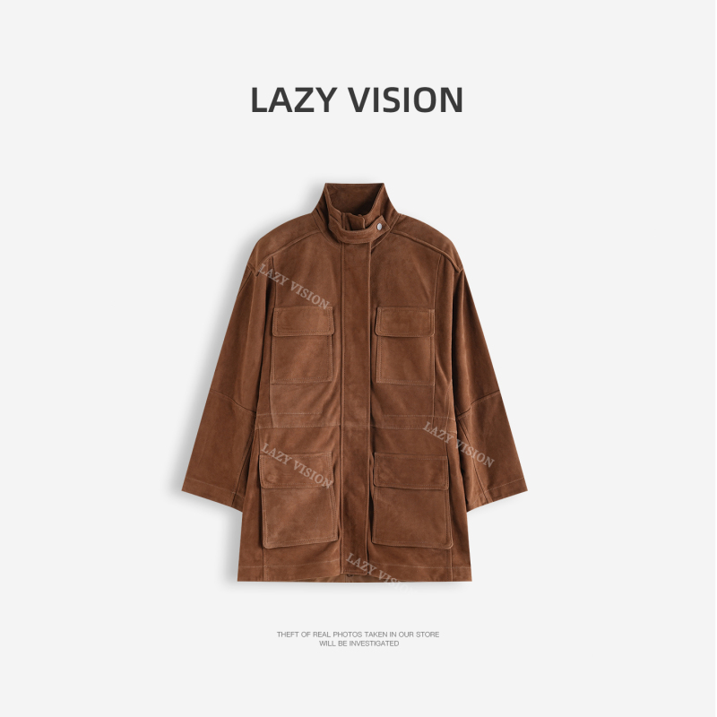 Lazyvision Imported First-Layer Lambskin Suede Jacket for Women, Autumn Vegetable-Dyed Workwear Leather Coat 38000
