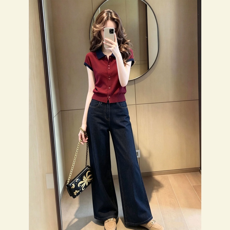 A Complete Set of Korean-Style Light Luxury and High-End Color-Blocking Knit Cardigan and Jeans Two-Piece Outfit for Women A Complete Set of Korean-Style Light Luxury and High-End Color-Blocking Knit Cardigan and Jeans Two-Piece Outfit for Women