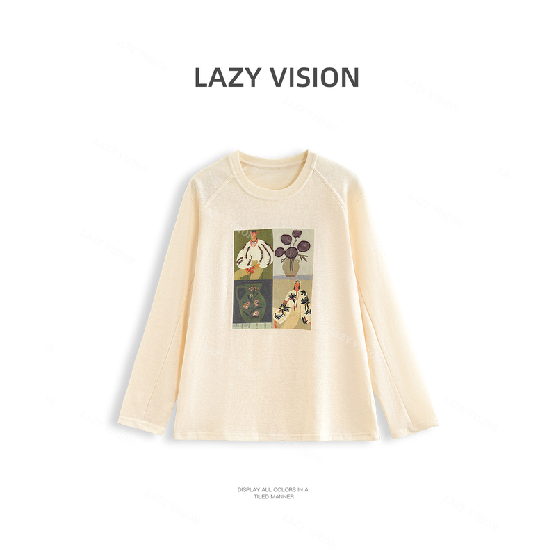 Sasha｜Art Four-Grid Oil Painting Print T-Shirt for Women, Autumn Anti-Wrinkle Cotton Casual Round Neck Long Sleeve Top 39579