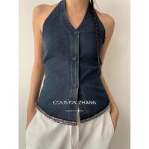 Internet celebrity spring and summer new style French slim slim waistcoat halter neck and backless design denim vest for women 17656
