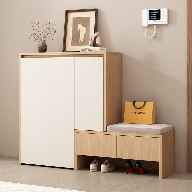 Enf Grade 18mm Practical Dustproof Wooden Shoe Cabinet with Integrated Seat, Home Entryway Cabinet with Shoe Changing Bench