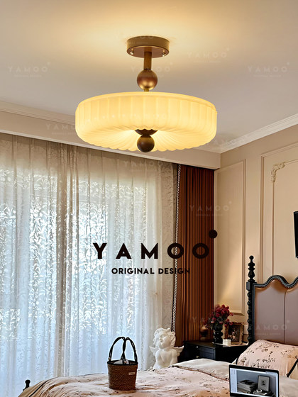 Yameng French-Style Vintage Cream Ceiling Lamp for Bedroom, Retro Cozy Room Lamp, Glass Semi-Hanging Master Bedroom Study Lamp
