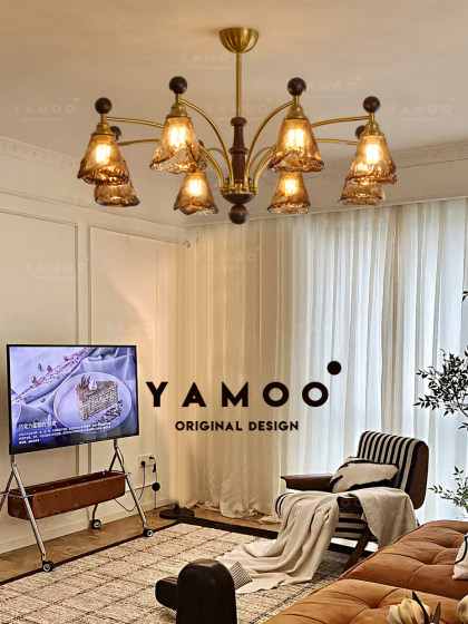 Yameng French-Style Mid-Century Living Room Chandelier, Solid Wood Vintage Melard Purple High-End Bedroom Dining Room Glass Lamp