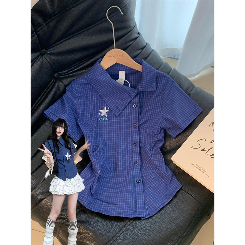 Korean-Style Preppy Blue Plaid Waist-Cinching Asymmetrical Collar Short-Sleeve Shirt for Women, Summer Design, Slim Fit, Regular Shoulder Top, Trendy
