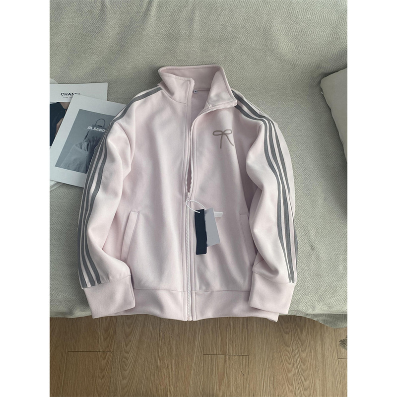 Korean-Style Sweet Bow Three-Stripe Pink Stand-Up Collar Cardigan Sweatshirt for Women, Loose and Lazy Design, Suitable for Spring and Autumn