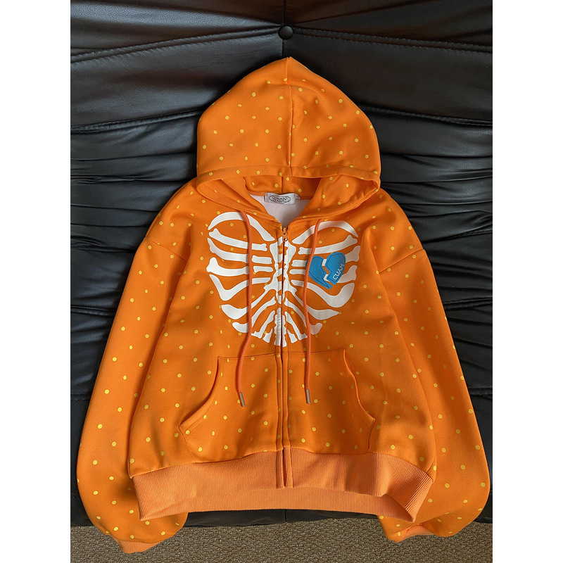 Korean Retro Orange Skull Polka Dot Cardigan Hooded Sweatshirt for Women Early Autumn Design Loose Thin Jacket Top