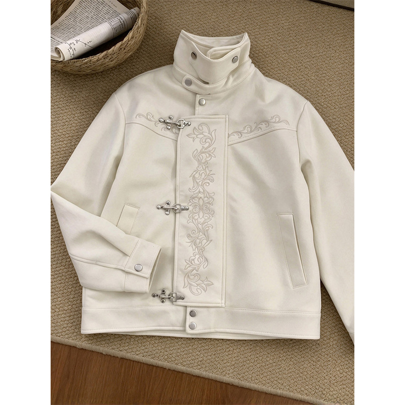 American Street Style Embroidered Floral Airplane Buckle Lapel Jacket for Women, Autumn and Winter Design, Loose Baseball Jacket