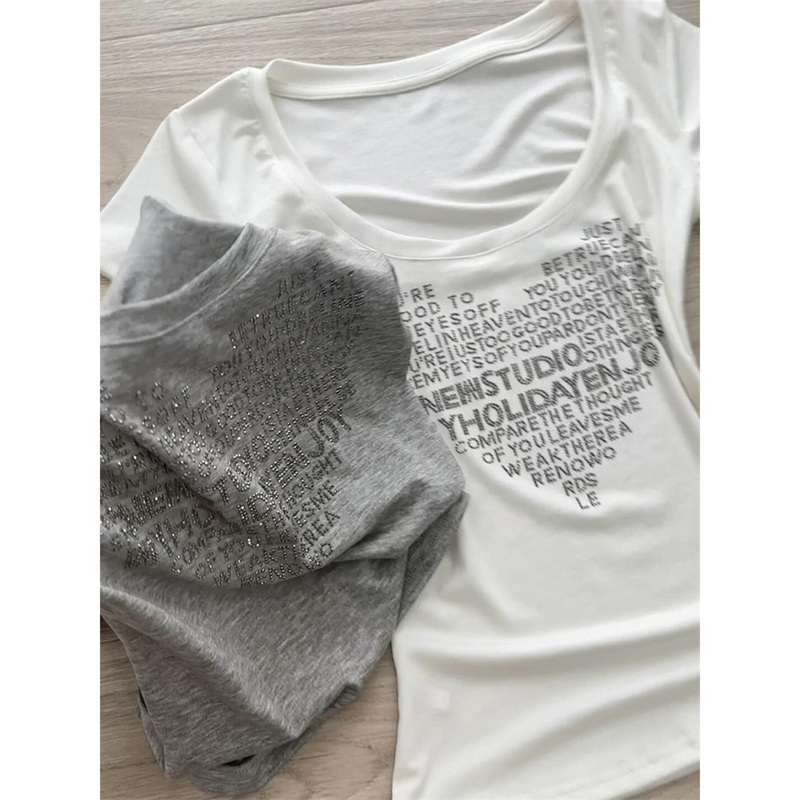 Pure Desire Hot Girl Heart Letter Rhinestone U-Neck White Short Sleeve T-Shirt for Women Summer Design Slim Fit Versatile Top Trendy