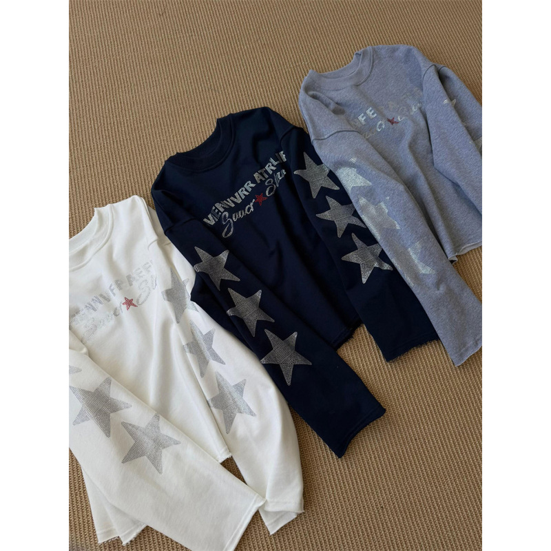 Pure Desire Retro Hot Girl Rhinestone Star Long-Sleeve Crew Neck Sweatshirt for Women, New Spring and Autumn Design, Loose-Fitting Couple's Top