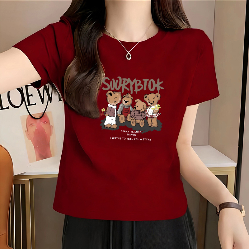 Anchora Red Short-Sleeved T-Shirt for Women, 2026 Summer New Popular Style, Bear Print, Round Neck, Slimming, Tummy-Covering Top Anchora Red Short-Sleeved T-Shirt for Women, 2026 Summer New Popular Style, Bear Print, Round Neck, Slimming, Tummy-Covering Top