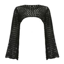 Women Y2k Crochet Knit Hollow Out Crop Top Long Flared Sleev