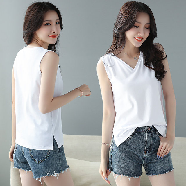 White sleeveless t-shirt women's v-neck hem slit pure cotton 2024 summer new solid color wide shoulder camisole for outer wear