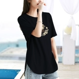 Черная футболка, летняя летняя одежда, короткий рукав, свободный крой, по фигуре, круглый воротник