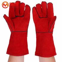 Minggu welding gloves cowhide hanging welding gloves wear-resistant extended thickening high temperature resistant labor protection gloves red