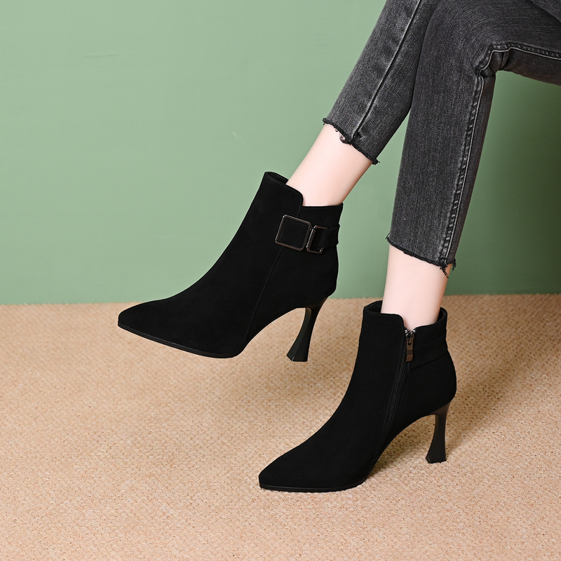 2026 New Winter Suede High-Heeled Short Boots for Women, Stiletto Fashion Plus Velvet Women's Shoes, Suede Leather Shoes, Stiletto Ankle Boots