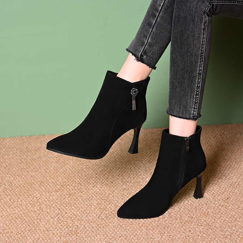 Sheepskin High-Heeled Short Boots for Women 2026 Autumn and Winter New Style Stiletto Pointed Toe Slim Boots Elegant Fashion Suede Leather Women's Boots Sheepskin High-Heeled Short Boots for Women 2026 Autumn and Winter New Style Stiletto Pointed Toe Slim Boots Elegant Fashion Suede Leather Women's Boots