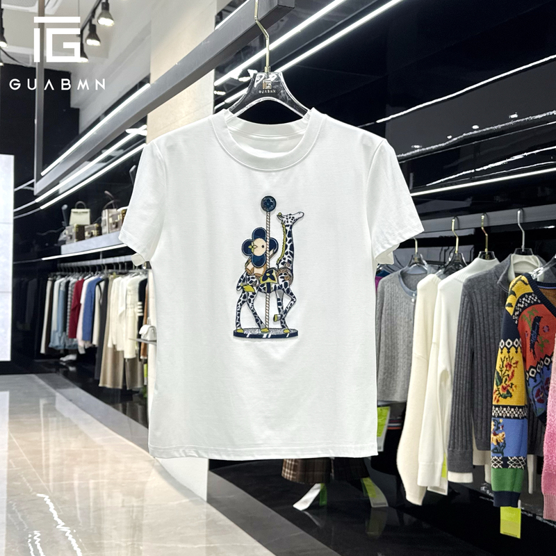 Guabmn 2025 Summer New Niche Giraffe Print Short-Sleeved Round Neck T-Shirt 5013 Early Summer Outfit