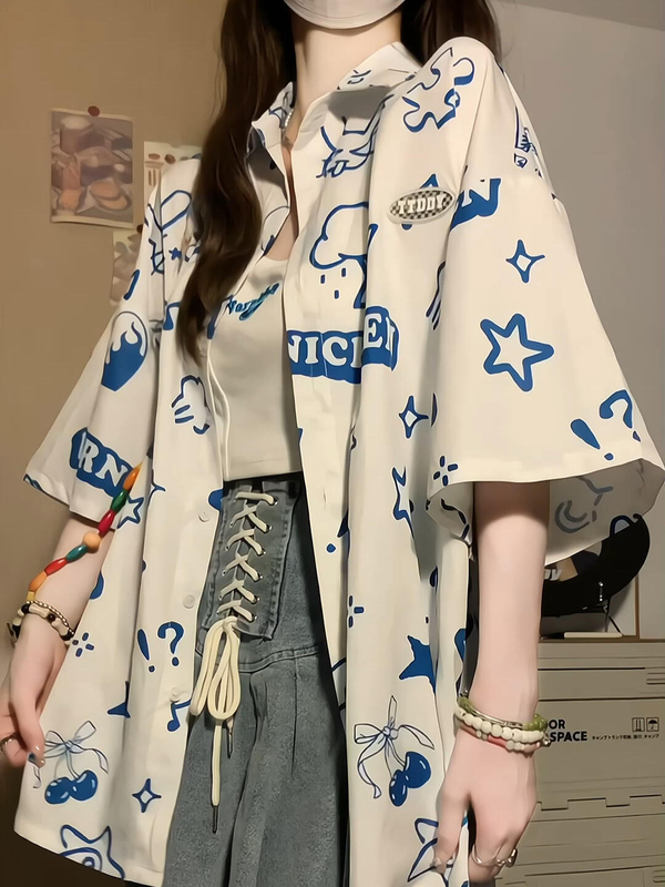 American-Style Graffiti Cartoon All-Over Print Design Short-Sleeved Shirt for Women, Summer 2026 New Loose-Fitting College Style Top