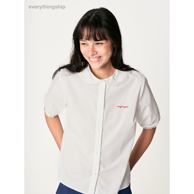 Everythingship Embroidered Logo Lace Doll Collar Short-Sleeved Shirt White Everythingship Embroidered Logo Lace Doll Collar Short-Sleeved Shirt White