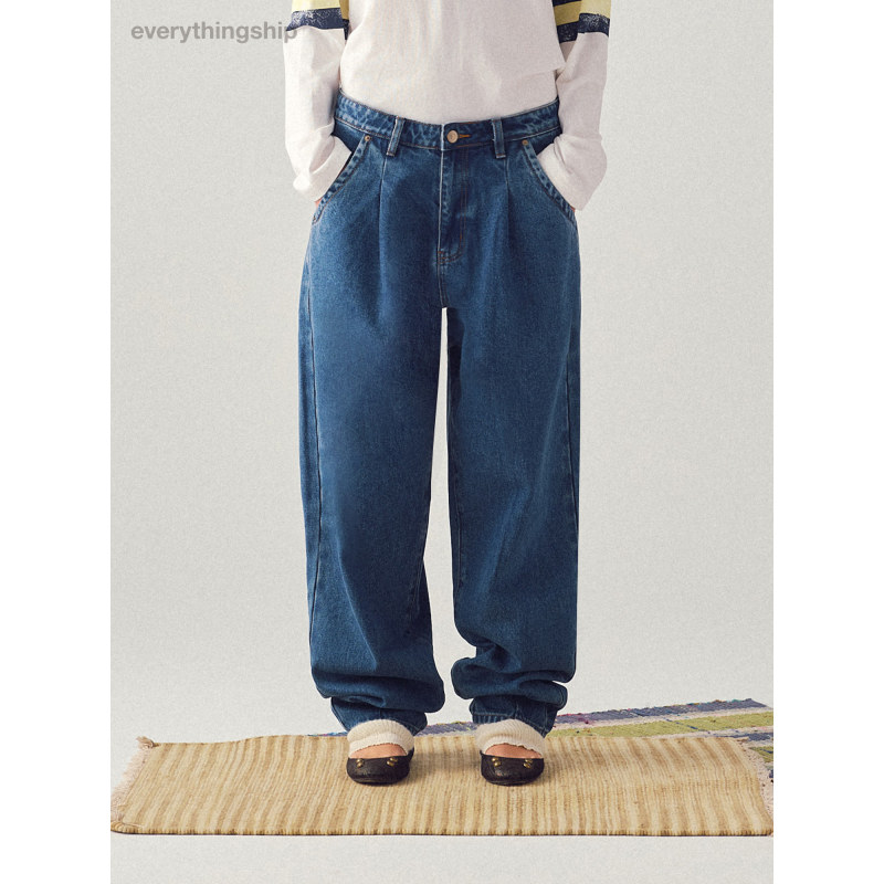 Everythingship Double Pleated Design Pure Cotton Washed Jogger Mid-Rise Wide-Leg Jeans Vintage Blue