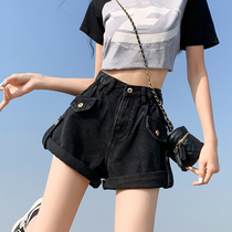 Hot girl denim shorts for women 2024 new style American high-waisted wide-leg casual versatile rolled edge design slimming hot pants