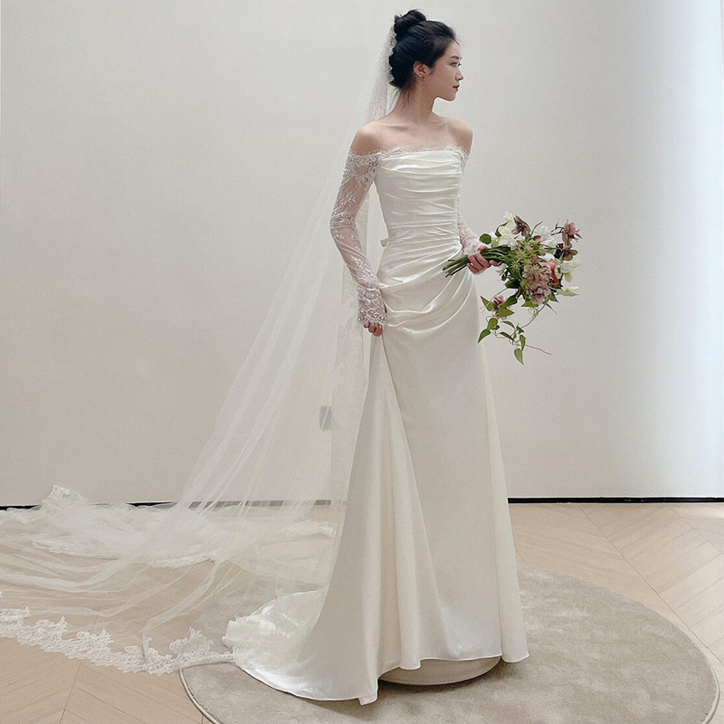 Mermaid Light Wedding Dress 2026 New Long-Sleeved Engagement Dress French Style Petite Morning Gown Female Bride Toast Dress Satin
