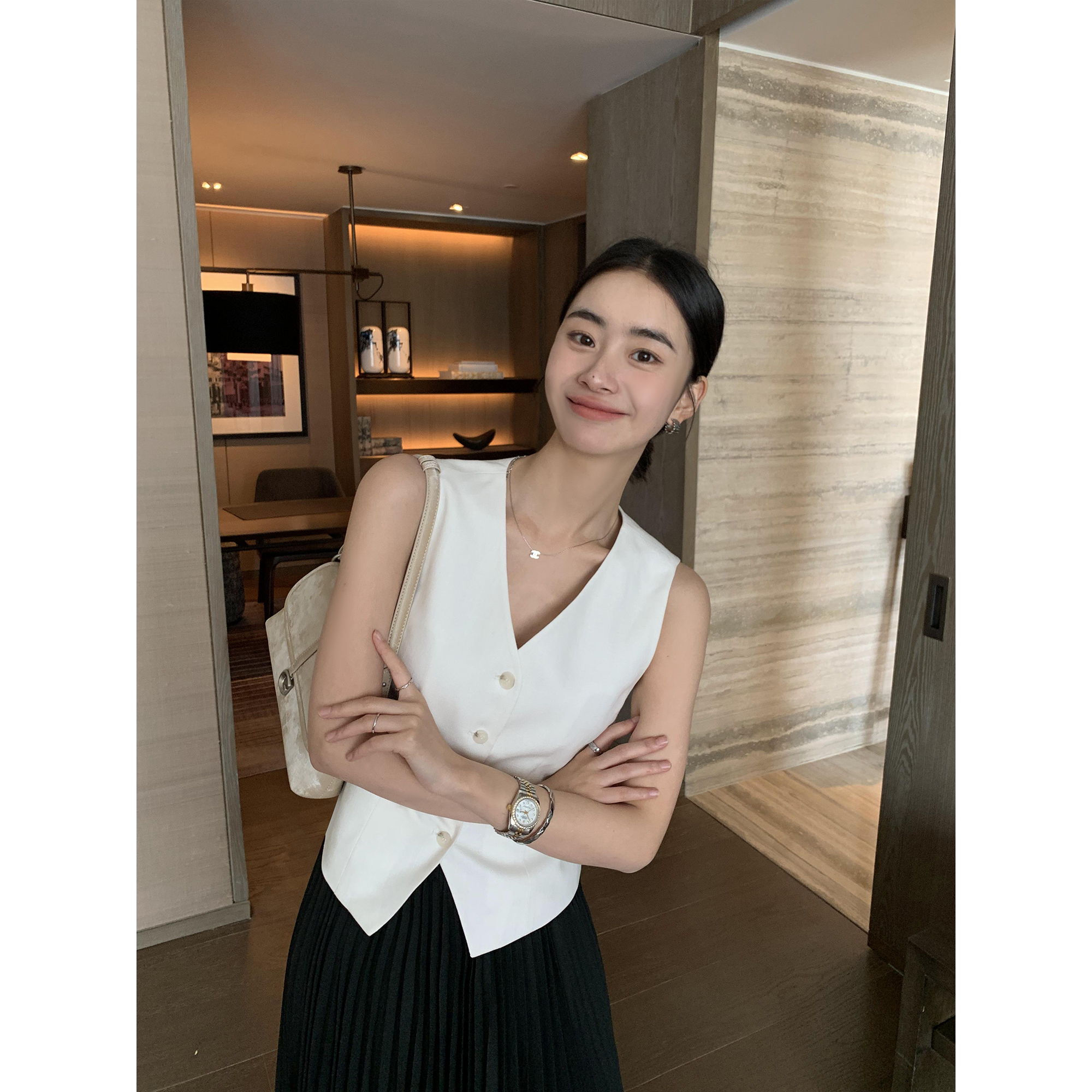 Maven Lin レトロ オールドマネースタイル ショートスーツベスト レディース テンセルリネン Vネック スリムベスト ウエストコート ジャケット