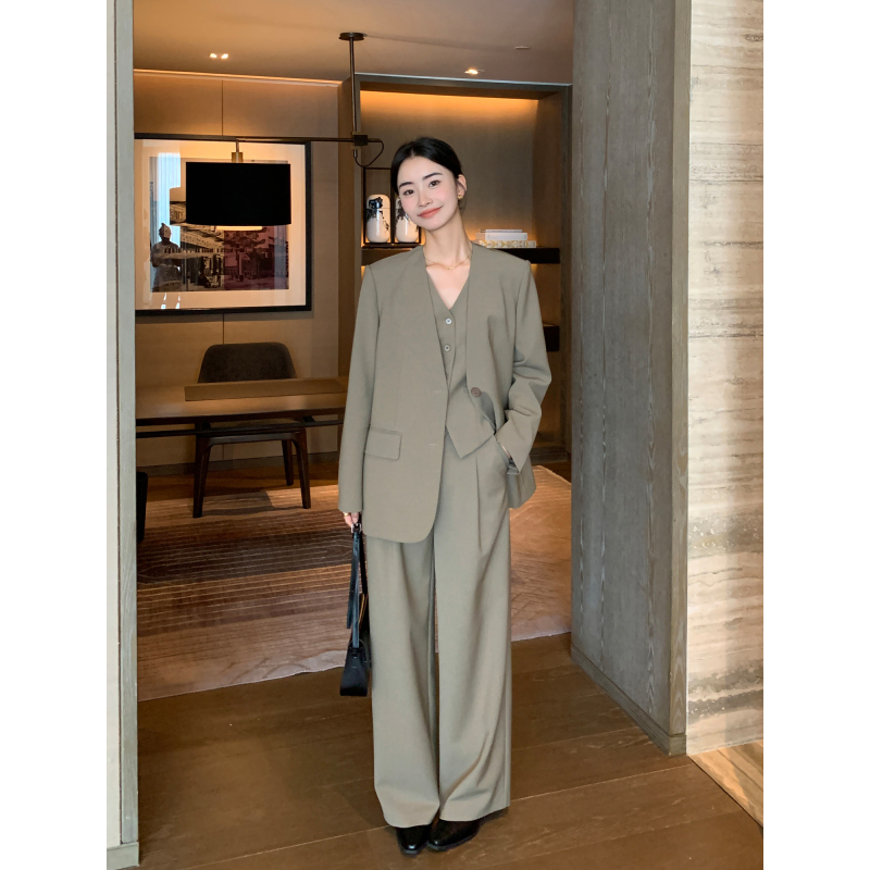 Maven Lin Wool Blend Collarless Blazer for Women, New Spring and Autumn High-End Commuter V-Neck Suit
